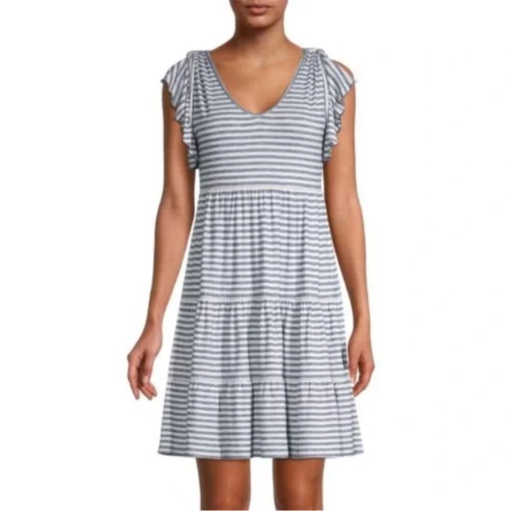 Max Studio Blue & White Striped Tiered Dress Size XL
